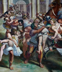 The Rape of Sabine Women (1500-tallet), af Luca Cambiaso (1527-1585), fresco, Villa Imperiale, Genova, Ligurien, Italien, detaljer