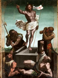 Opstandelsen Jesus Kristus holder en korspind for enden af hvis svæver et hvidt flag (standard) slår med et rødt kors. Maleri på træ af Luca Cambiaso (1527-1585) Taggia fra det 16. århundrede, Santuario della Madonna miracolosa