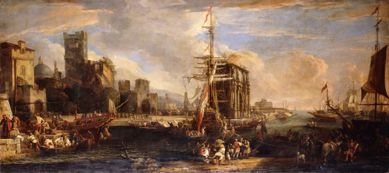 En Capriccio af en Middelhavshavn med østrigsk skibsfart, købmænd og sømænd på kajer i forgrunden, et militskompagni nær Konstantinbuen og Castel Sant"Angelo hinsides,