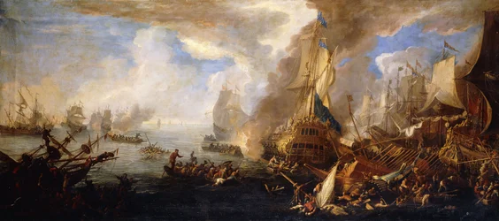 Et havslag med sardinske og venetianske krigsskibe og sardinske og egyptiske(?) kabysser i forgrunden,