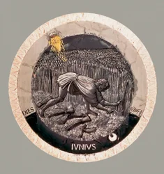 juni: en bonde høster hveden. Terracotta af Luca della Robbia