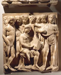 Lov ham med strygere og orgel (Salme 150, Lov Herren), panel med drengesang med orgel, harpe og lut