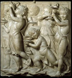 Panel af Cantoria eller tribune af sangere: barn, der spiller bækkener. højt marmorrelief af Luca della Robbia (ca. 1400-1482) 1431-1438 Dim. 348 cm Museo dell