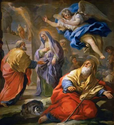 Barok: Joachim modtager løftet om et barn og scene for mødet mellem Joachim og Anne ved Golden Gate - Joachim modtager løftet og mødet mellem de hellige Joachim og Anne ved den gyldne port af Giordano, Luca (1632-1705), ca. 1696. Olie på dåse
