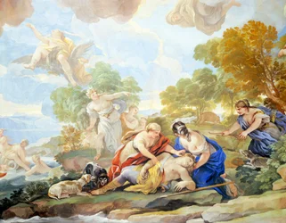 Death of Adonis, detalje af cyklus af fresker i Hall of Mirrors af Luca Giordano (1634-1705), fresco, Palazzo Medici Riccardi, Firenze