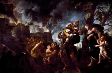 Æneas flygter fra Troja. Æneas bærer Anchises og flygter fra byen, der er faldet i achæernes hænder. 1675-1680. Genova, Galleria Nazionale di Palazzo Spinola