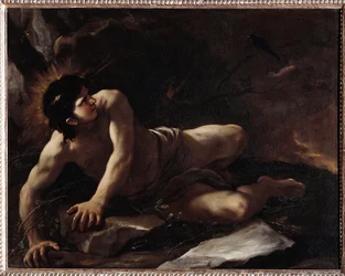 Sankt Benedikts fristelse, hvor han kaster sig i tornekrattet for at undgå fristelser. Maleri af Luca Giordano (1634-1705), Museo dell