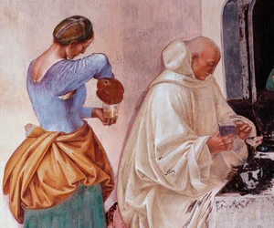 Benedikt fortalte munkene, hvor og hvornår de spiste uden for klostret. Detail Cloister fresko lavet af Luca Signorelli (ca. 1445-1523), der fortæller om livet for den hellige Benedikt af Nursia (480 - 567) grundlægger af Benediktinerordenen 1497-1498 Abbe