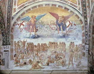 Nærbillede af en fresco i en katedral, Resurrection Of The Flesh, Luca Signorelli, Orvieto, Umbrien, Italien