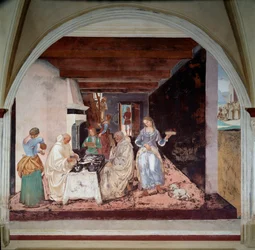 Life of Saint Benedict of Nursie (ca. 480-547): "Hvordan Benedikt fortalte munkene, hvor og hvornår det er planlagt at spise uden for klostret" (Hvordan Benedikt fortalte munkene, hvor og hvornår det er planlagt at spise uden for klostret) Fresko af kloste
