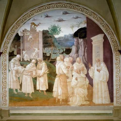 Life of Saint Benoit: "" Saint Benoit genopliver en arbejdende munk på byggepladsen for klosteret Mount Cassin (monte cassino) efter kollapset af en mur på grund af en dæmon. Fresco af Luca Signorelli (ca. 1445-1523)