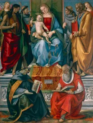 Madonna og barn med Johannes Døberen, Frans af Assisi, Anthony af Padua, Joseph Bonaventure og Hieronymus, af Luca Signorelli (ca 1445-1523)
