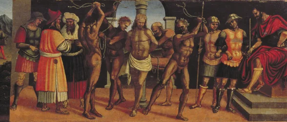 The Flagellation, detalje af predellapanelet fra Treenighedens altertavle med Madonna og Barn og SS. Augustine og Anastasius panel