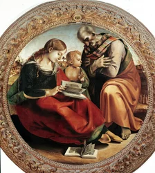 Den hellige familie. Maleri af Luca Signorelli (1450-1523), omkring 1495. Tondo. Diameter: 124 cm. Firenze, Galleria degli Uffizi (Uffizi-museet)