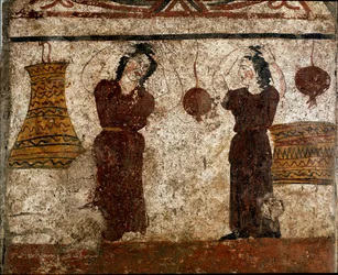 En gruppe dansere under en begravelsesritual Lucanian fresco fra det 4. århundrede f.Kr., fra nekropolis i Paestum, Italien. Museo nazionale archeologico, Paestum