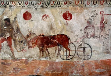 En flokholder og to æsler Lucanian fresko fra det 4. århundrede f.Kr., fra nekropolis i Paestum, Italien. Museo nazionale archeologico, Paestum