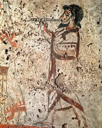 En musiker, der spiller på fløjten Lucanian fresco fra det 4. århundrede f.Kr., fra nekropolis i Paestum, Italien. Museo nazionale archeologico, Paestum