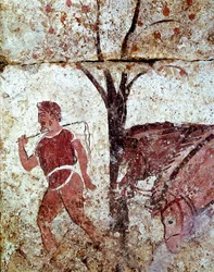 En bonde trækker to heste Lucanian fresco fra det 4. århundrede f.Kr., fra nekropolis i Paestum, Italien. Museo nazionale archeologico, Paestum