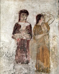 Portræt af to kvinder fra Lucanian fresco fra det 4. århundrede f.Kr., fra Rytterens grav, Paestum, Italien. Museo nazionale archeologico, Paestum