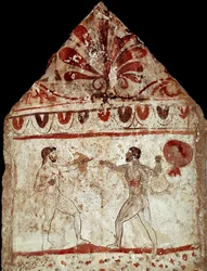 To atleter, der spiller pugilat (boksning) Lucanian fresco fra det 4. århundrede f.Kr., fra nekropolis i Paestum, Italien. Museo nazionale archeologico, Paestum