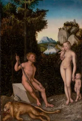 En faun og hans familie med en dræbt løve