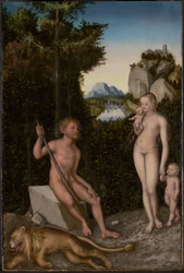 En faun og hans familie med en dræbt løve