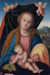 Tysk: Madonna med barn og druer, To engle holder et forhæng Jomfru og barn