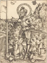 Saint George stående, med to engle