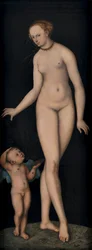 Venus med Amor som honningtyv mod sort baggrund