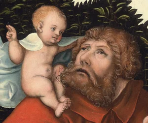 Sankt Christopher bærer Kristusbarnet (detalje) (olie på panel)