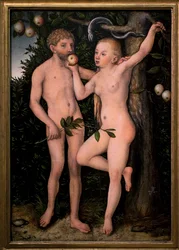 Adam og Eva. Maleri af Lucas Cranach den tidligere (1472-1553), ca. 1538. Flamsk kunst 1500-tallet. Nationalgalleriet, Sternberg-paladset, Prag (Tjekkiet).