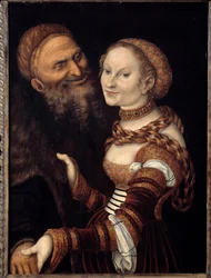 Courtesane og Old Man Maleri af Lucas Cranach (1472 - 1553). 16. århundrede. Musee des Beaux-Arts de Besancon.