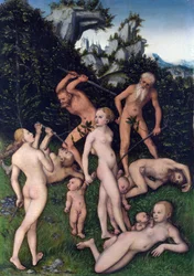 Slutningen af ​​sølvalderen (The Close of The Silver Age). Tema inspireret af de antikke græske digte fra Hesiod (7. århundrede f.Kr.) i ""Værkerne og dagene"", mænd begynder at miste deres uskyld og en del af deres lykke. Lucas maleri