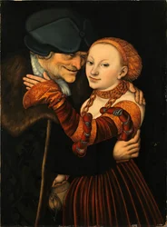 ""Le couple mal assorti"" (Det ulige par) Maleri af Lucas Cranach den ældre (1472-1553) 1528 - Olie på træ - Dim 77x57 cm Fraenkische Galerie, Kronach