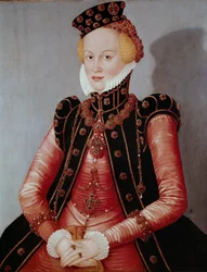 Portræt af Lady Ung kvinde rigt påklædt, iført hat og juvelbeklædning. Maleri af Lucas Cranach den ældre (1472-1553) Dim. 87 x 69 cm München Alte Pinakothek