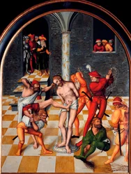 The Flogging of Christ Maleri af Lucas Cranach den ældre (1472-1553). 1538. Dim. 108x84 cm Wien. Kunsthistorisk Museum