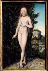 Venus står i et landskabsmaleri af Lucas Cranach den ældre (1472-1553) 1529, Olie på træ, Dim. 0,38x0,25 m - Venus står i et landskab. Maleri af Lucas Cranach den Ældre (1472-1553)