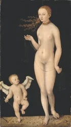 Venus et Cupidon - Venus og Amor, af Cranach, Lucas, den ældre (1472-1553). Olie på træ. Mål: 90x49,5 cm. Nationalmuseum Stockholm