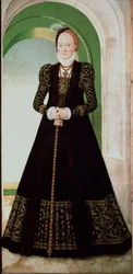 Portræt af Anne af Danmark (1532-1585) Hustru til kurfyrst Augustus af Sachsen (1526-1586) Maleri af Lucas Cranach den Unge (1515-1586) 1565 søn. 215x104 cm Vienna Kunsthistorisches Museum