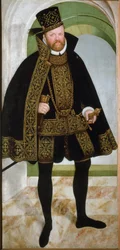Portræt af kurfyrsten Augustus I af Sachsen kaldet den fromme (1526-1586)”” Maleri af Lucas Cranach den Unge (1515-1586) 1565 Søn. 215x104 cm Vienna Kunsthistorisches Museum