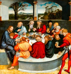 Den sidste nadver (med Luther blandt apostlene). Reformationsaltertavlen af Cranach, Lucas, den yngre (1515-1586)