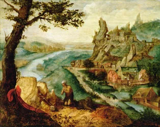 Sankt Hieronymus i et landskab (olie på træ)
