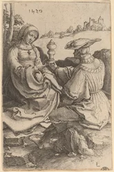 En adelsmand og en dame siddende i et landskab