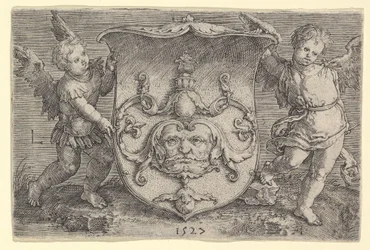 Våbenskjold med maske, holdt af to Genii, 1527.