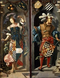 Helbredelsen af ​​den blinde mand fra Jeriko (sidepanel). Helbredelsen af ​​den blinde mand fra Jeriko. To figurer med våbenskjolde. Maleri af Lucas Van Leyden (1489/94-1533)
