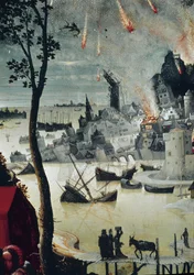 Lot og hans døtre, detaljer om ødelæggelsen af Sodoma (olie på panel, omkring 1517)