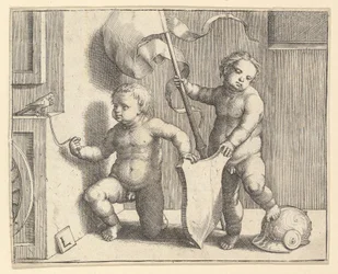 To nøgne børn, der holder et tomt skjold, ca. 1510