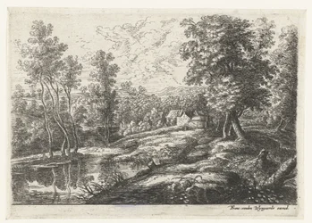 Landskab med huse og en kirke omgivet af en mur Fem landskaber (serietitel)
