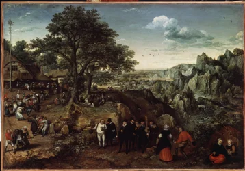 Landskab med en landsfejring (landskab med en landfest). Maleri af Lucas Van Valckenbroch (1530-1597). Olie på lærred, 48,5 x 73,4 cm, sent 1580 debut 1590. Hollandsk kunst, barokk kunst. Museum of the Hermitage, Sankt Petersborg.