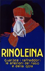 Reklame for lægemidlet Rinoleina mod forkølelse, ondt i halsen og hoste. Illustration af Lucien Achille Mauzan (1883 - 1952).